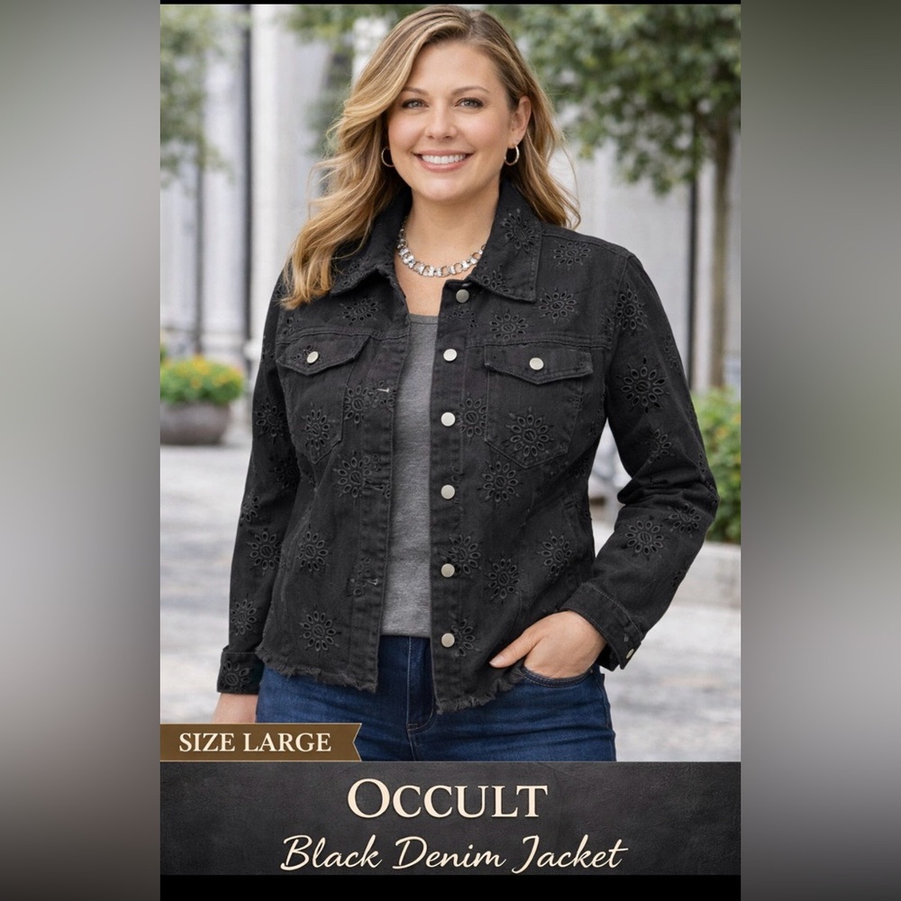 OCCULT Black Denim Jean Jacket Size Large Eyelet Cut Outs